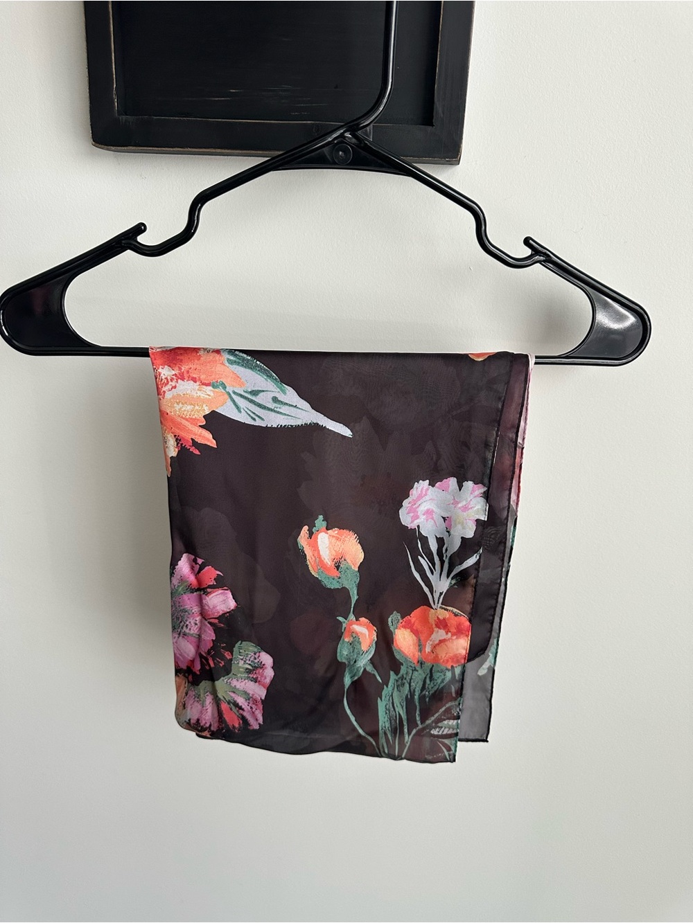 Vintage Black Sheer Floral Polyester Scarf Orange Pink Poppy Botanical Shawl